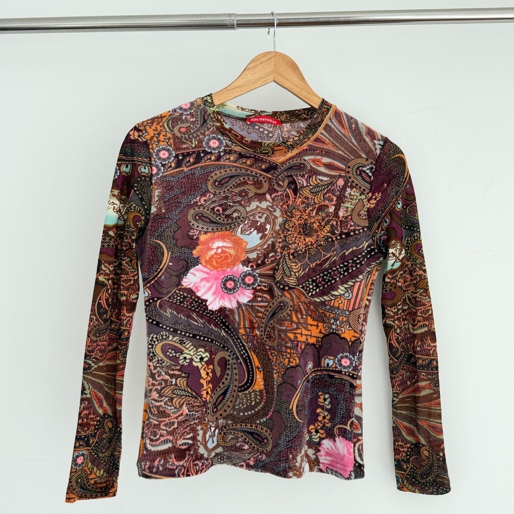 Y2K Alain Manoukian Top Women Medium Velvet Paisley Mesh Sleeves Euro Boho Artsy